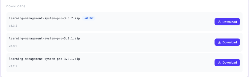 Masteriyo Pro downloads list showing multiple versions with Download buttons