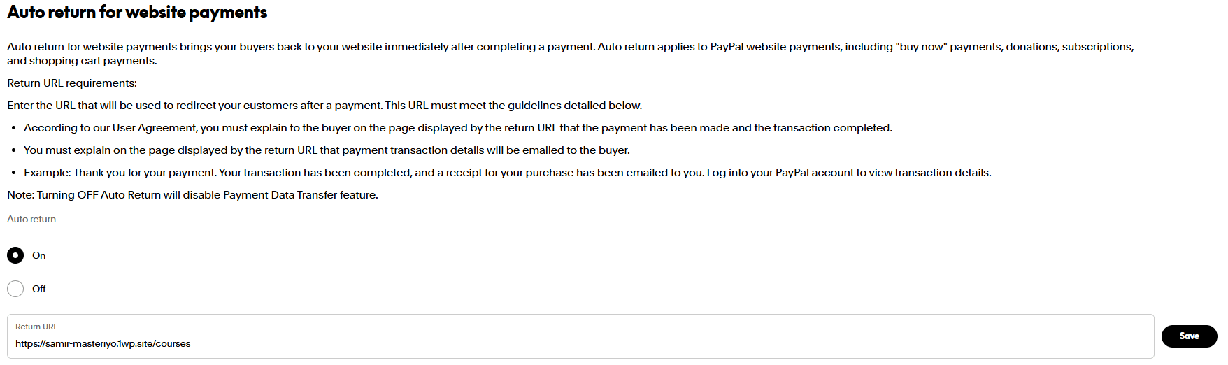 PayPal Auto Return