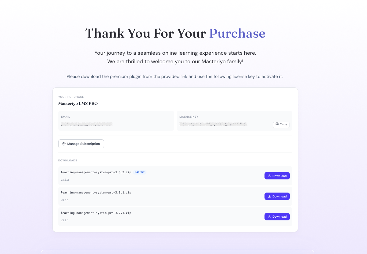 Masteriyo account page showing purchase details with license key